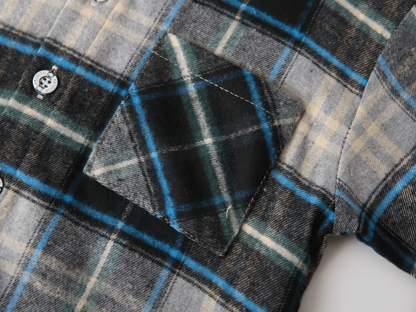 Close-up of Plaid Hooded Long Sleeved Shirt for Boys and Girls - SF3524 button detail with blue and grey flannel pattern.